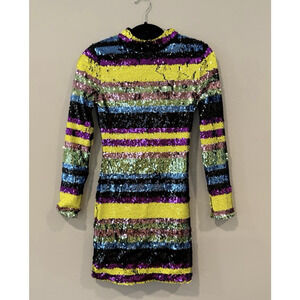NWT Club London Neon Striped Sequins High Neck Long Sleeved Dress Size US 2 2454